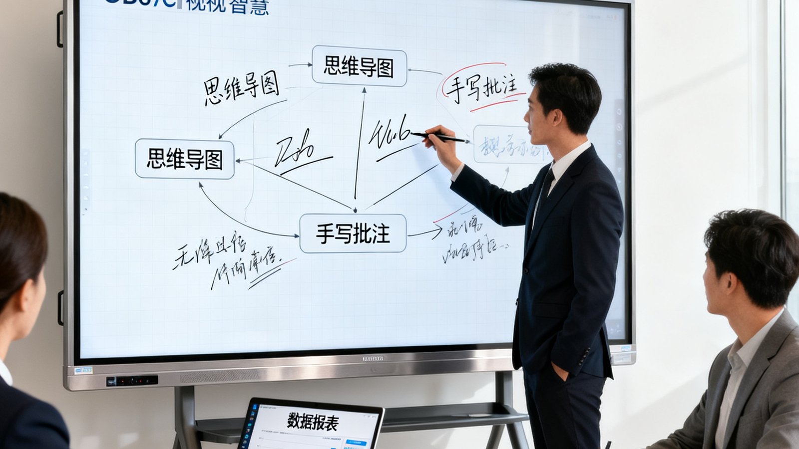 企业会议室中一名主管正在使用OB视讯86寸智慧会议平板进行触控书写，屏幕上显示着思维导图和手写批注，旁边笔记本电脑通过无线投屏同步显示数据报表